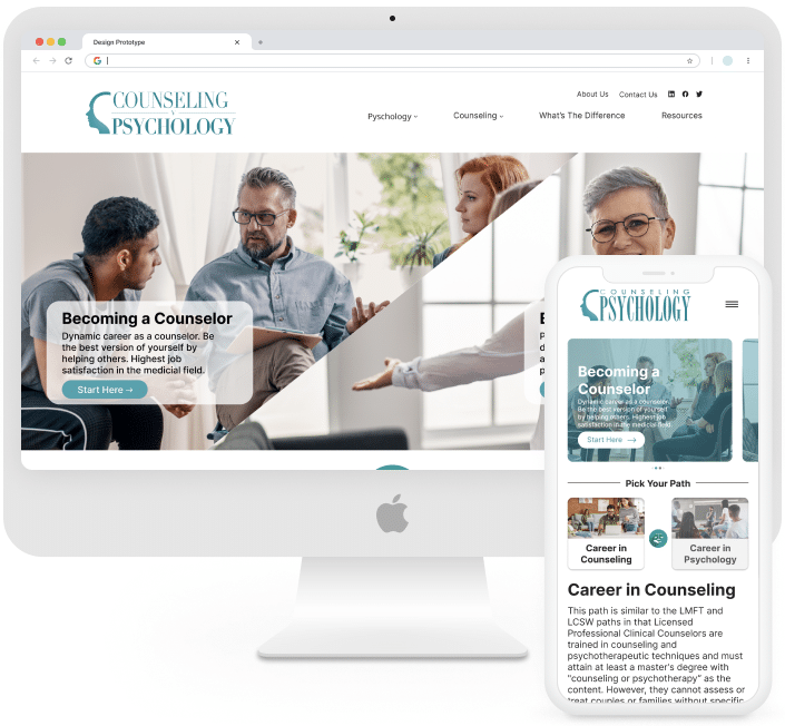 Desktop and mobile design for a counseling and psychology information website.