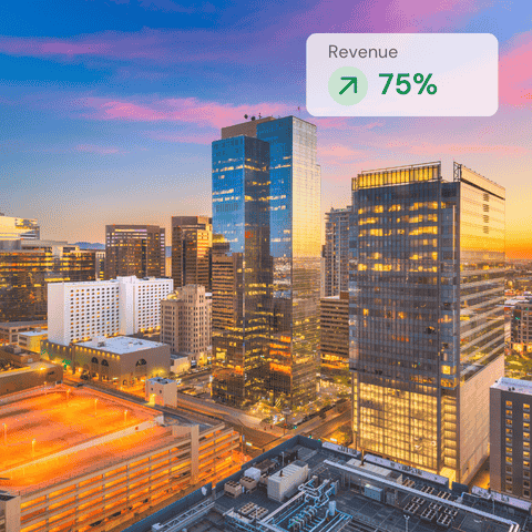 Revenue increase stat on phoenix cityscape background